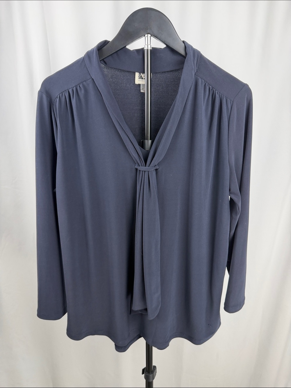 Anne Klein Navy Tie Neck Long Sleeve Blouse Size Medium Stretch